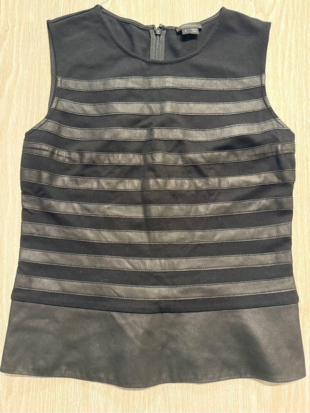 Theory Black Sleeveless Striped Faux-Leather Accent Top